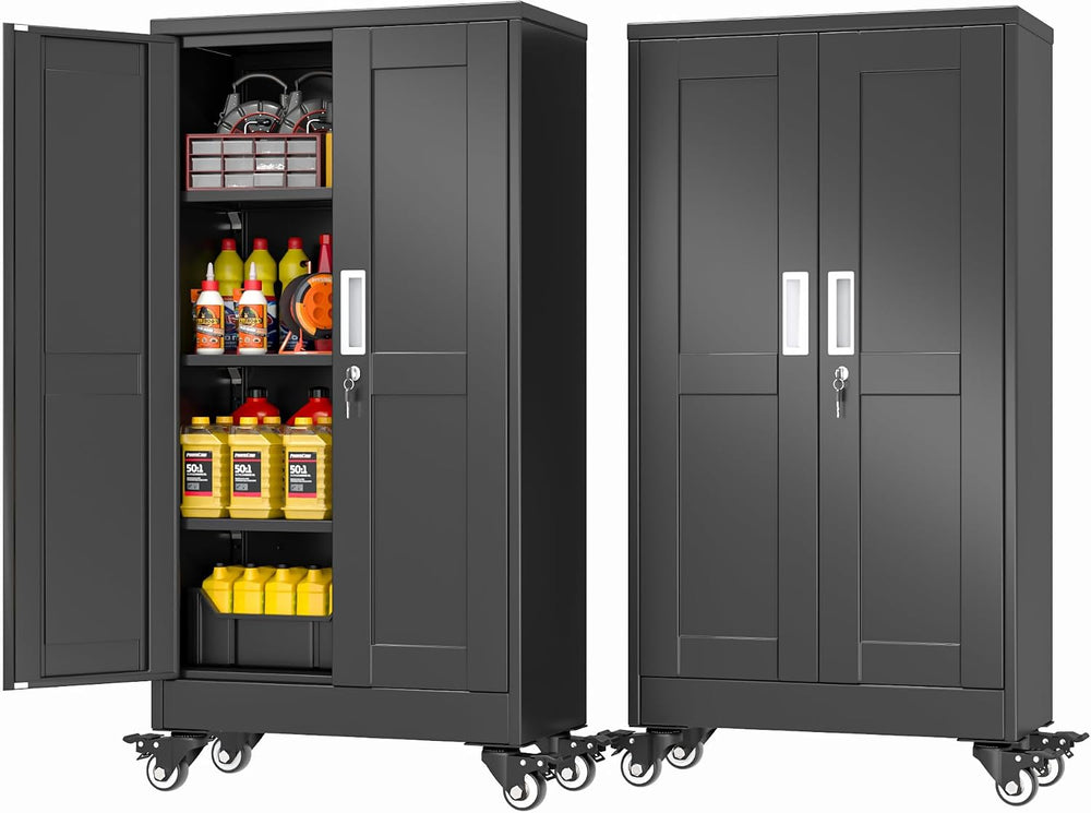 PAOFIN Metal Garage Storage Cabinet with Wheels,Steel File Cabinets with 2 Do...
