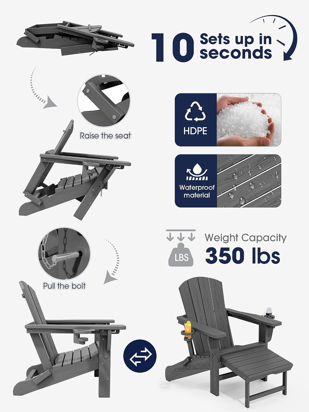 KINGYES Adjustable Folding Adirondack Chairs with Footrest & 2 Cup, HDPE ...
