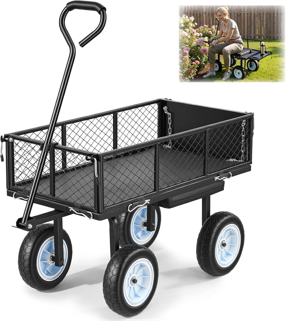 VEVOR 500 LBS Steel Garden Cart with Work Seat, Heavy Duty Garden Wagon Cart ...