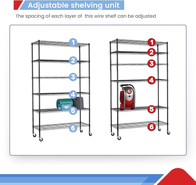 BestOffice | 6-Tier Wire Storage Shelves with Wheels | 18x48x82 | Black | Adj...