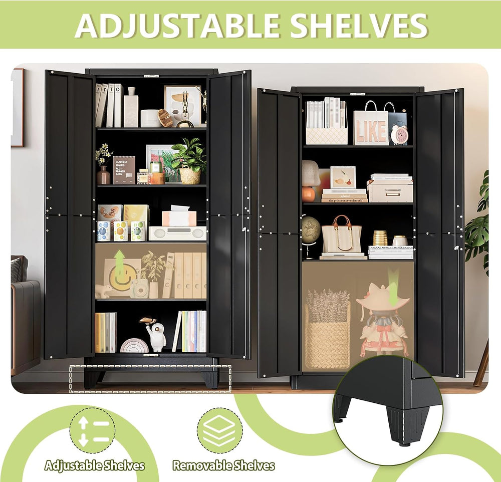 Black Kitchen Pantry Cabinets, 71 Metal Lockable Storage for Office