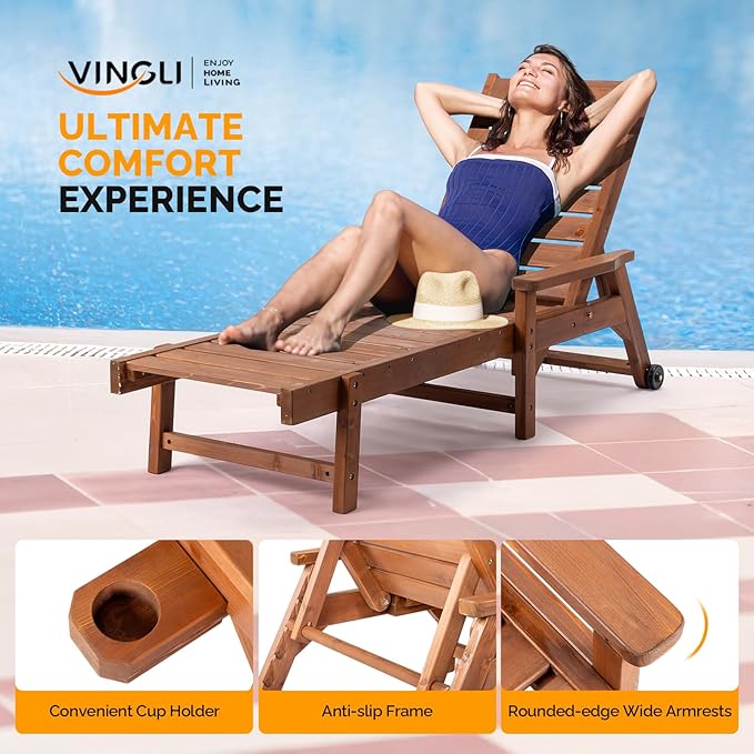 VINGLI Outdoor Chaise Lounge Chair, Wooden Patio Lounger Chair with Adjustabl...