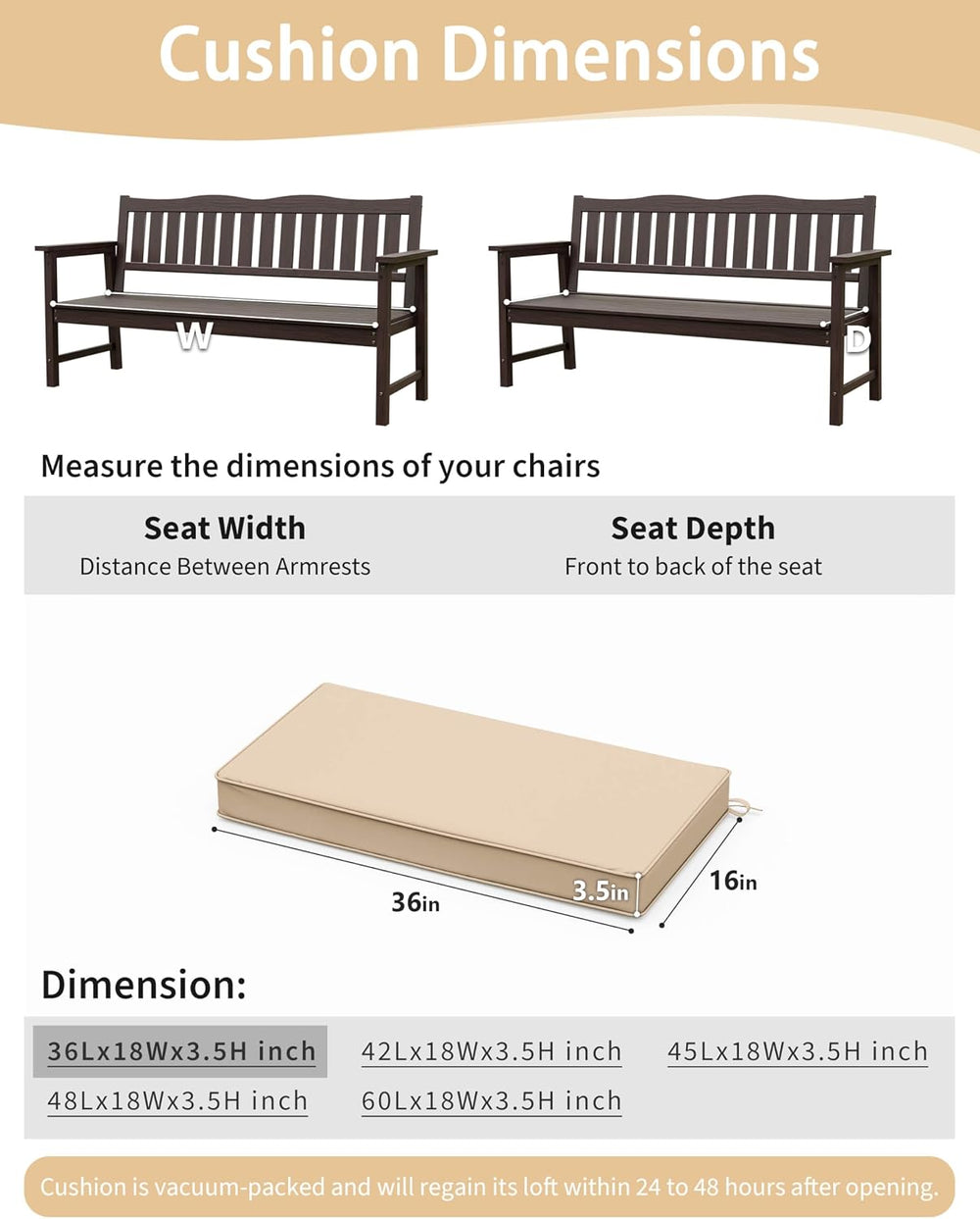 Outdoor Bench Cushions for Patio Furniture 36 X 18 Inch Water-Resistant &...