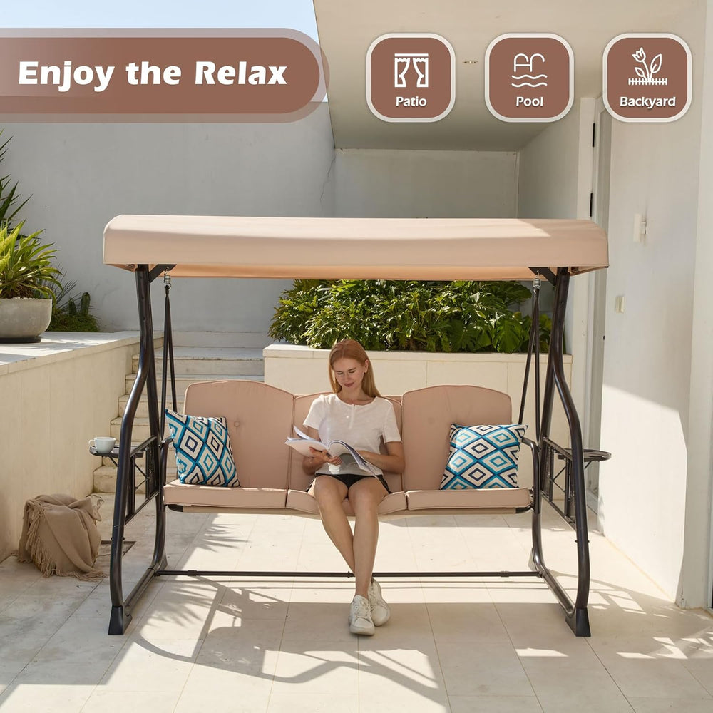 3-Seat Patio Porch Swing 800LBS Outdoor Swing with Stand w/Canopy & Adjus...