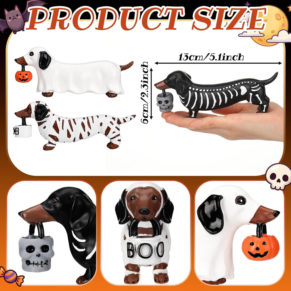 Pinkunn 3 Pcs Cute Dachshund Halloween Decor Resin Ghost Dog Table Figurine