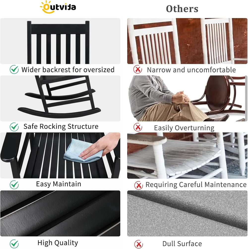Outvita Outdoor Rocking Chair, Solid Wood High Back Porch Rocker, Black
