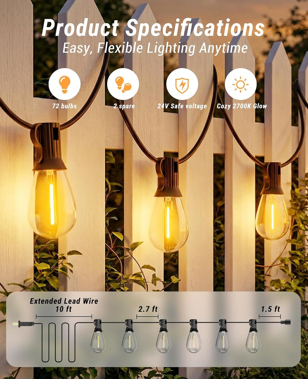 Tenmiro 200FT LED Outdoor String Lights with Remote, 72+2 Shatterproof Bulbs ...