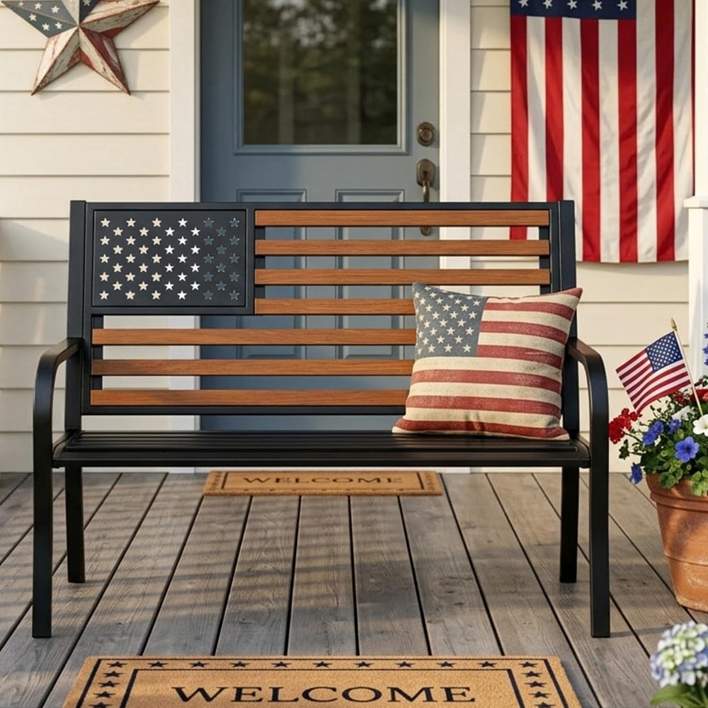 45.7 Inch American Flag Outdoor Bench - Patriotic Stars and Stripes Garden Be...
