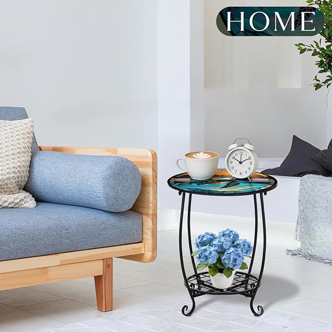 Outdoor Side Table Round Small Mosaic Patio Accent Indoor End Plant Coffee Te...