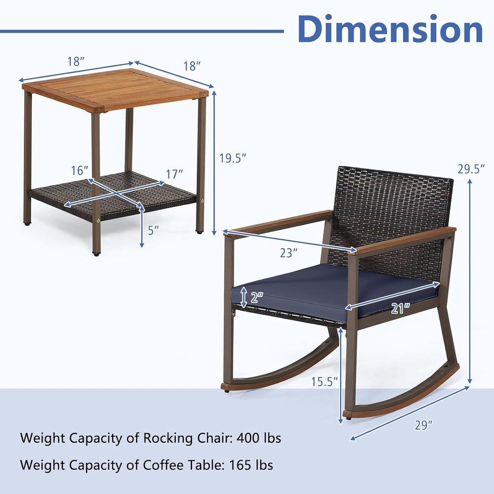 COSTWAY 3 Pieces Patio Rocking Bistro Set, Outdoor Wicker Acacia Wood Sets