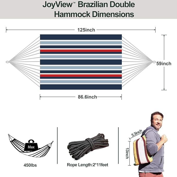 JoyView Brazilian Double Hammock with Hanging Ropes Extra Large 86.6x59” Port...