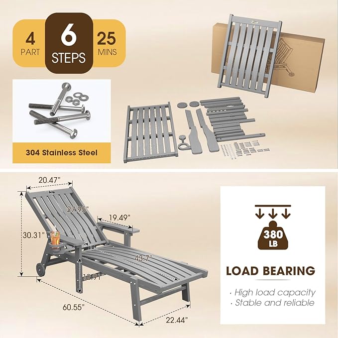 Patio Chaise Lounge Chair Set of 4, Oversized Lounge Chair Outdoor with 5 Pos...