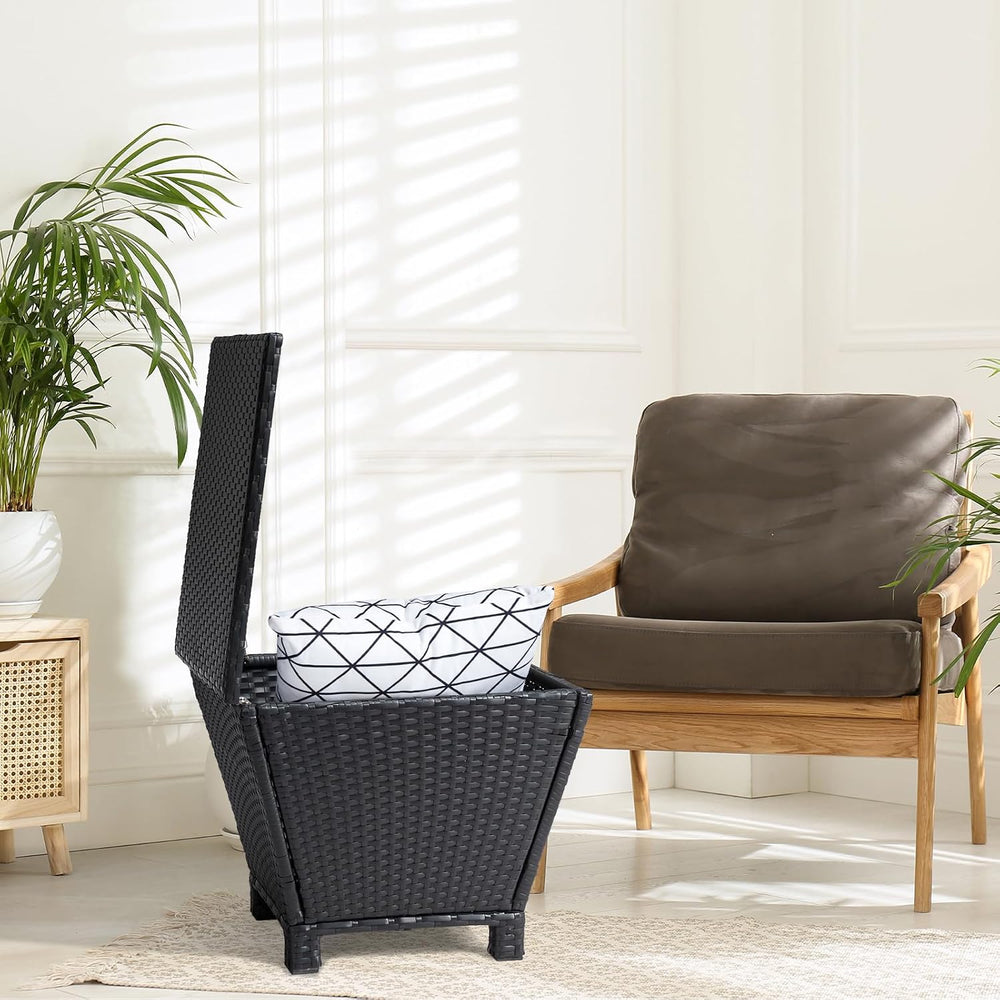 Outvita Black Rattan Outdoor Storage Side Table, 13 Gallon Box with Lid