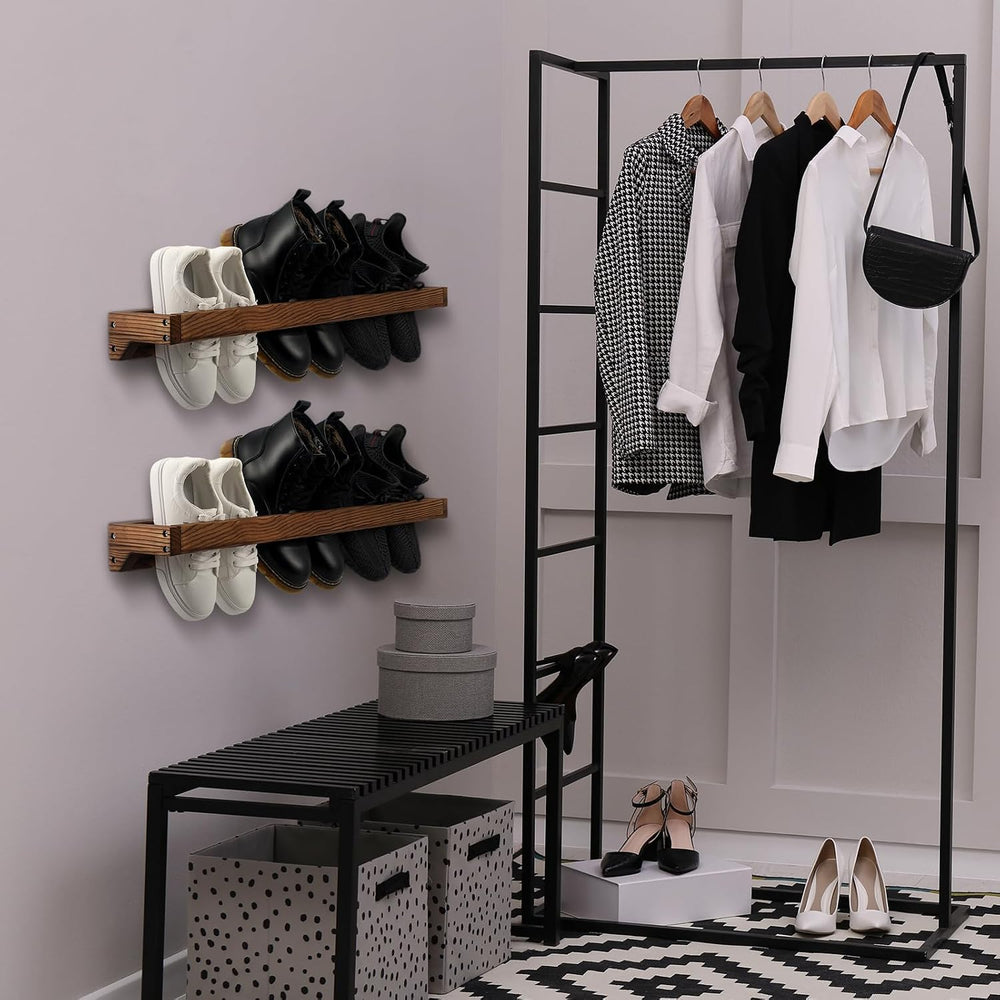 4 Pcs Wall Mounted Wooden Shoe Rack Hanging Shoe Storage, Burnt Wood