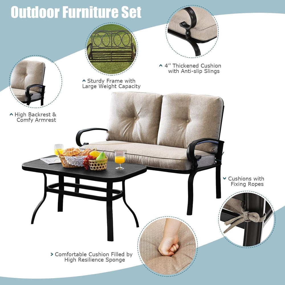 Tangkula Patio Loveseat with Table Set, 2 Seat Cushioned Sofa with Coffee Tab...