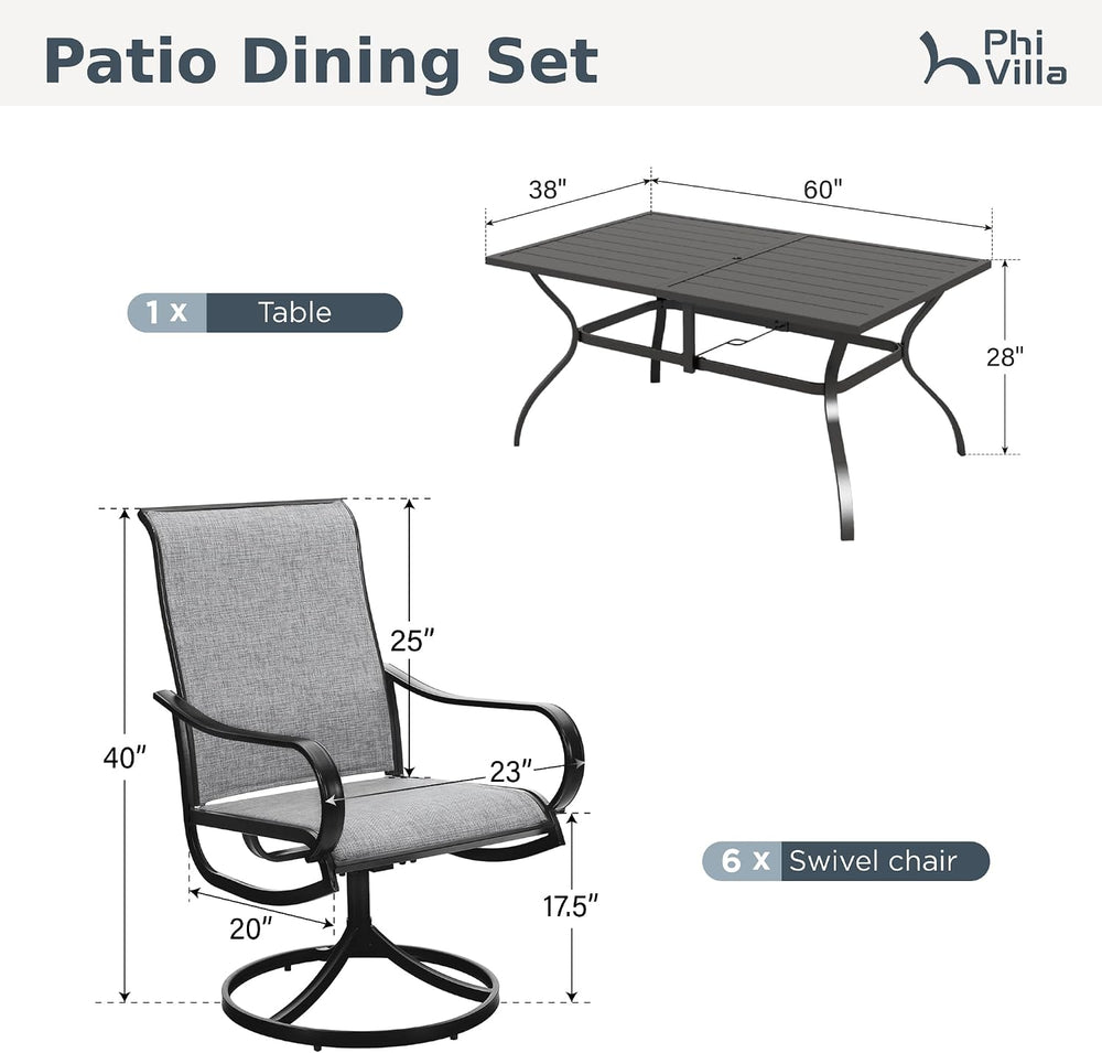 PHI VILLA Outdoor Dining Set for 6, Swivel Mesh Chairs & Metal Table, Grey