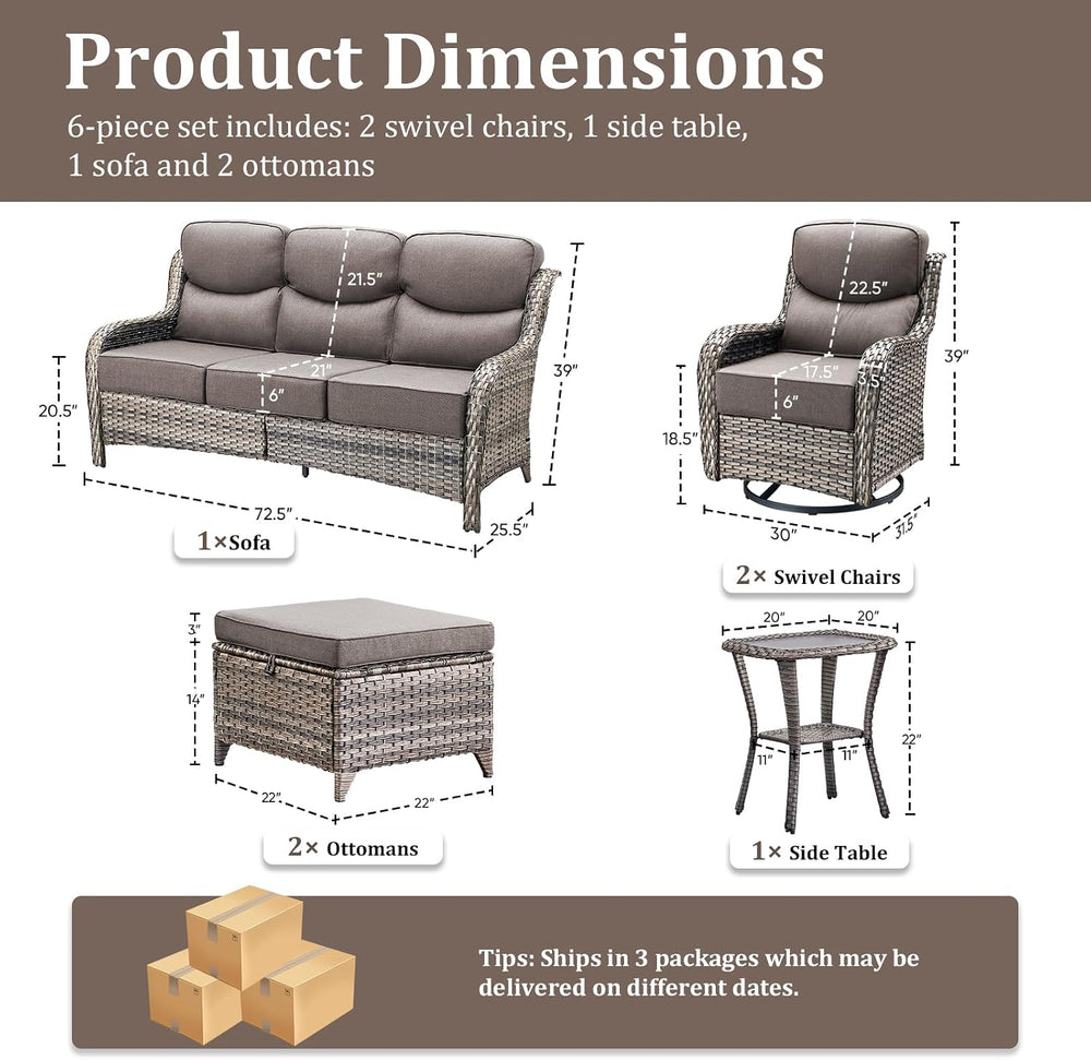 Swivel Patio Chairs Sofa Set of 6-6" Thick Cushion - Wicker Outdoor Swiv...