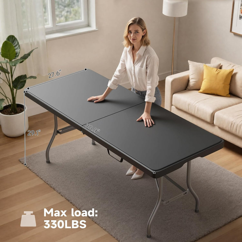 6 Foot Folding Table Black, Sturdy 330LBS Capacity, Reinforced Steel Legs, Fo...