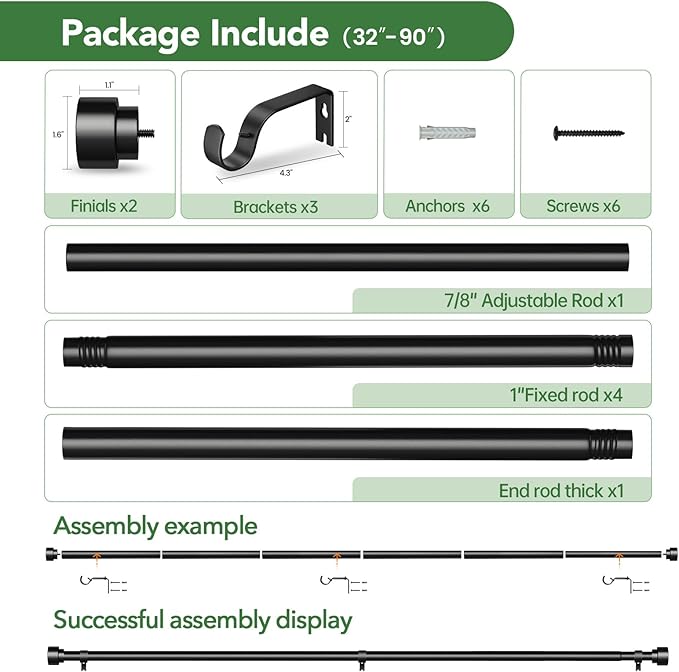 2 Pack Black Curtain Rods for Windows 48 to 84, 1 Inch Adjustable Heavy Duty ...