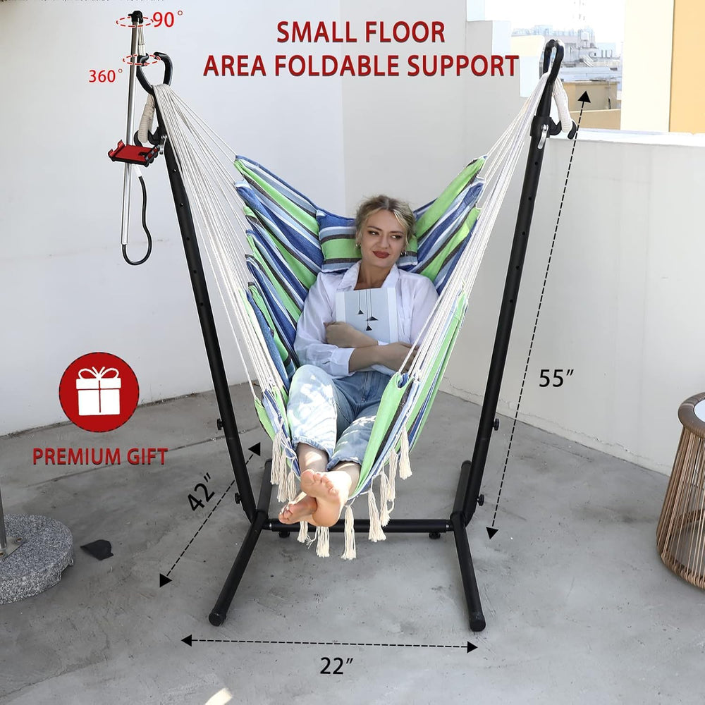 ZEYU Double Hammock Chair with Stand - Apple Green Strips