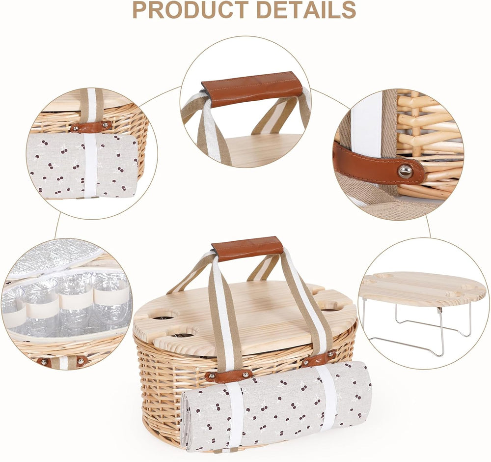 Picnic Basket Set for 4 - Wicker Insulated Picnic Basket