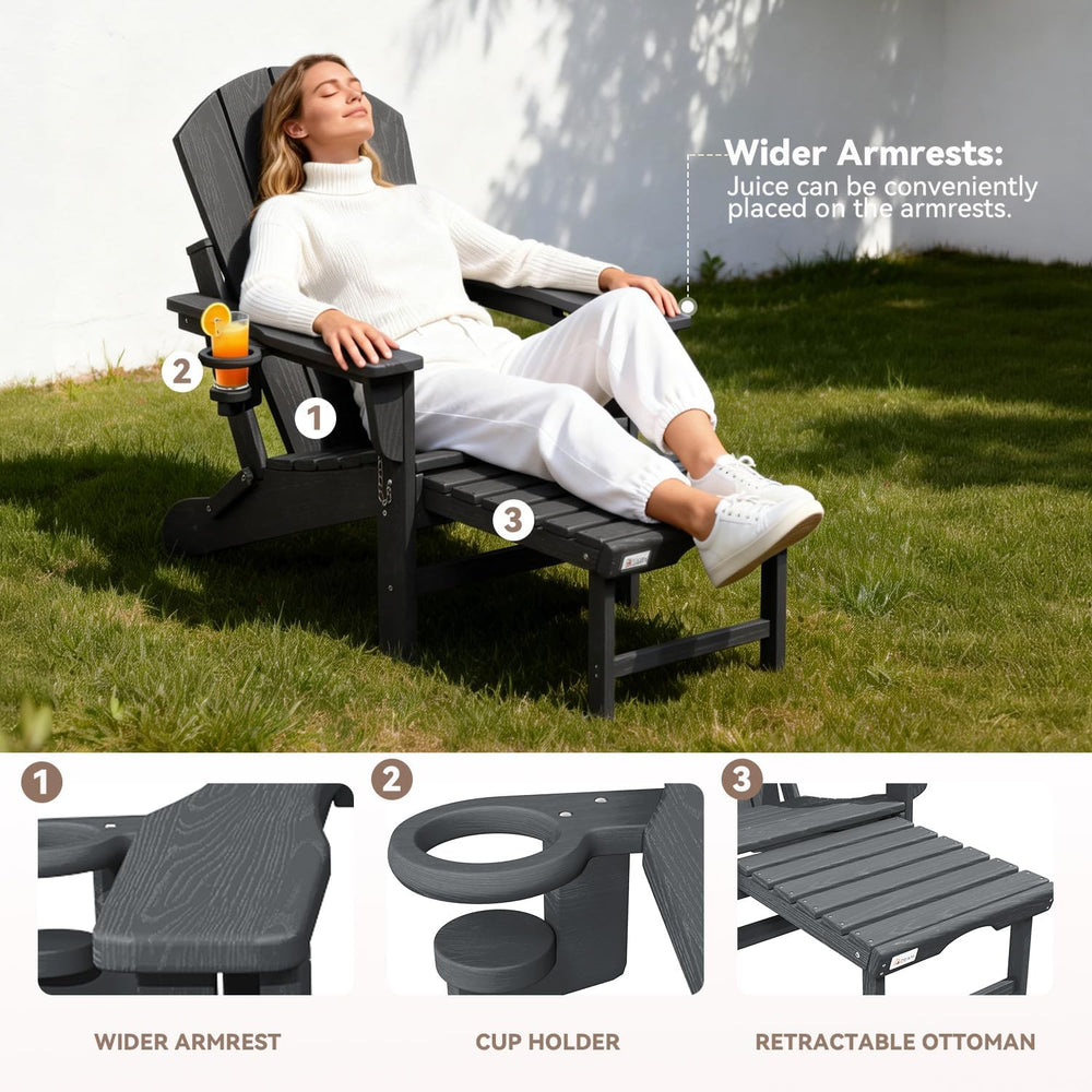 Mdeam HDPE Folding Adirondack Chairs Set of 2, 400 lbs 2 Cup Holders, Grey