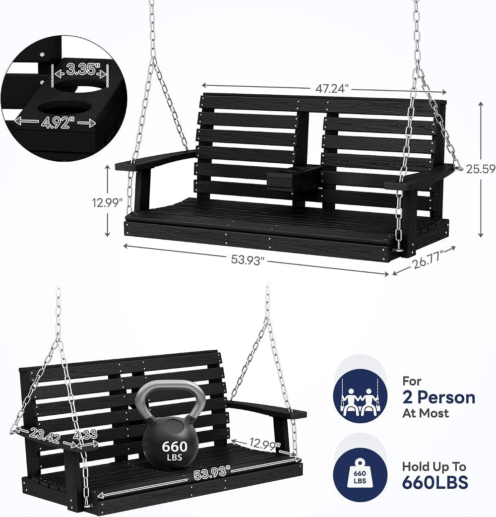 Outdoor Hanging Porch Swing, Patio Swing with Cup Holders, Black