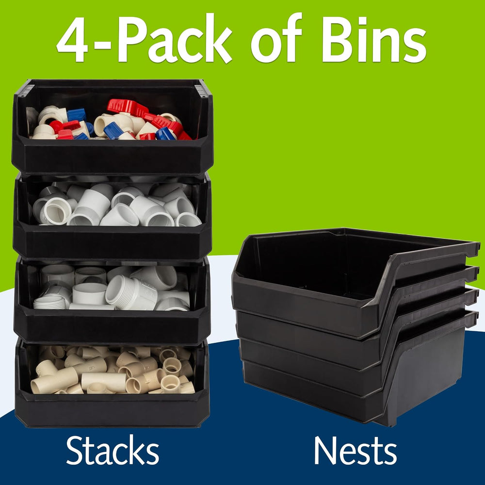 Medium-Wide Stackable Plastic Storage Bins, 4-Pack, Black