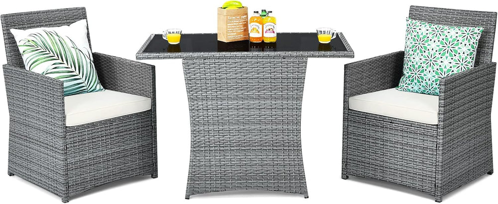 Tangkula 3 Pieces Patio Dining Set, Patiojoy Space-Saving PE Rattan Bistro Se...