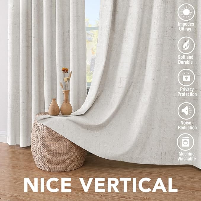 H.VERSAILTEX Ivory Curtains Blackout, 100% Blackout Linen Curtains with White...