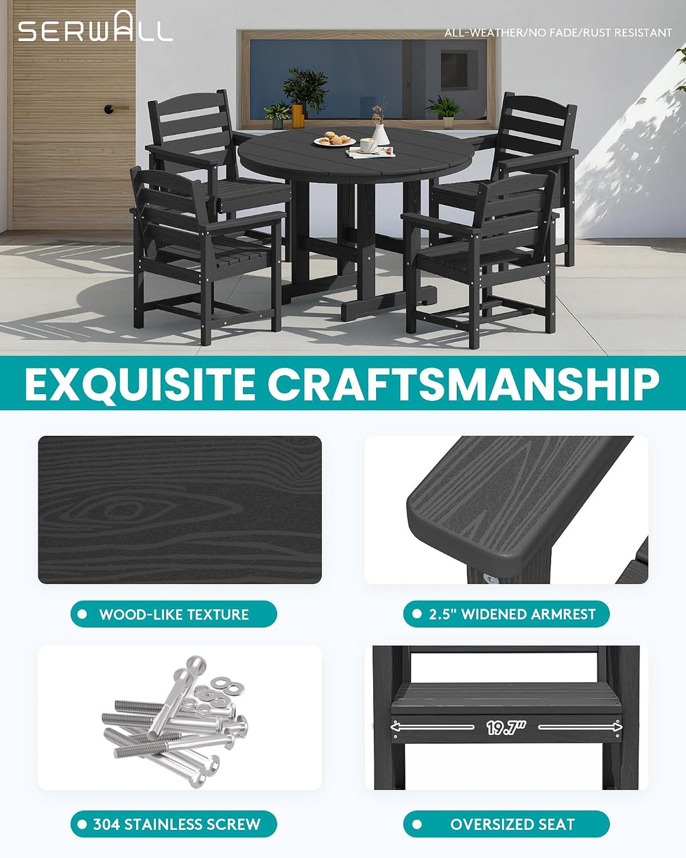 SERWALL 6-Pc Dining Set, 45" Table, 4 Chairs&9FT Umbrella, Black (No...