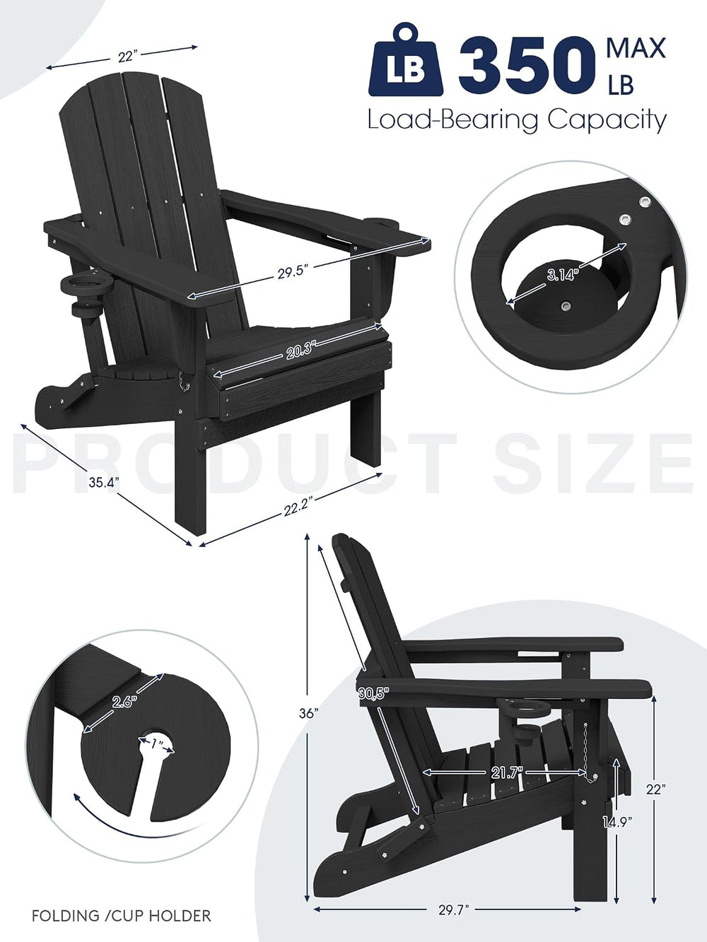KINGYES Folding Adirondack Chair Set of 6 with 2 Cup Holders, Black