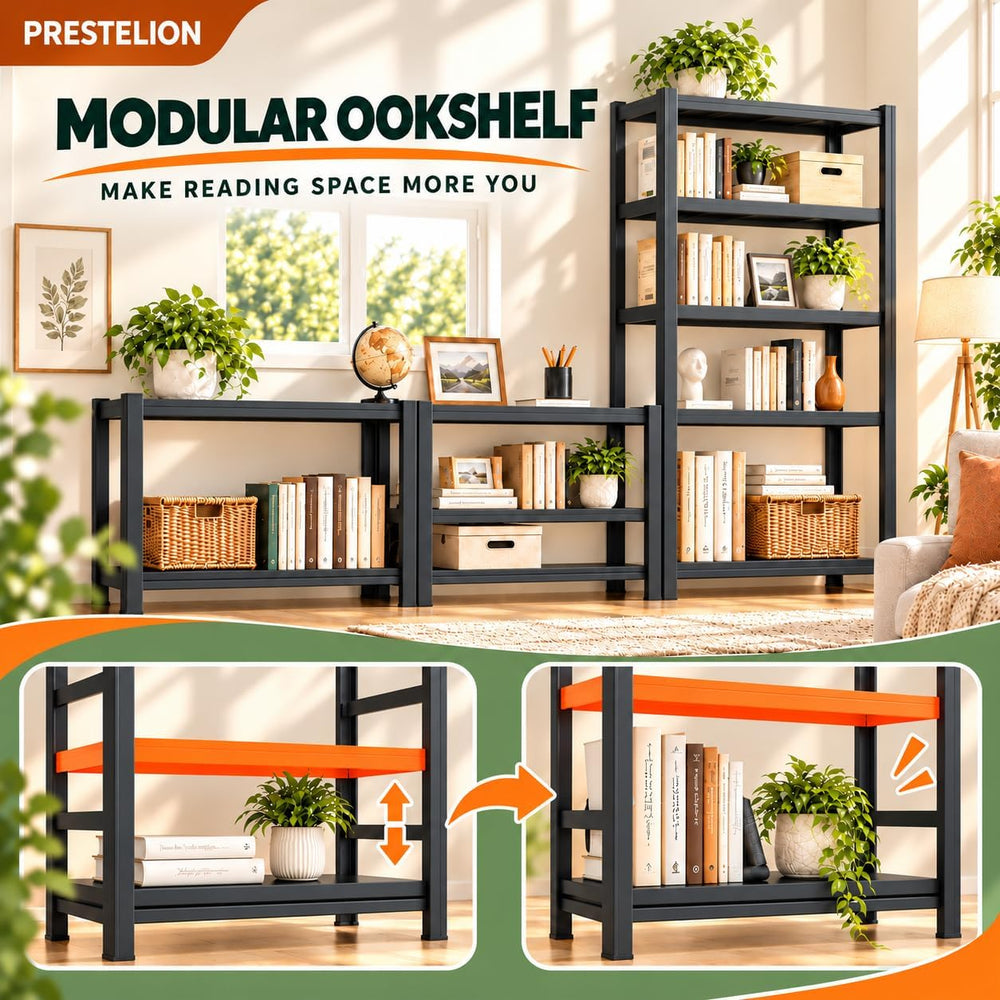 Book Shelf, Adjustable Metal Bookcase with Bolt-Free Storage Shelves