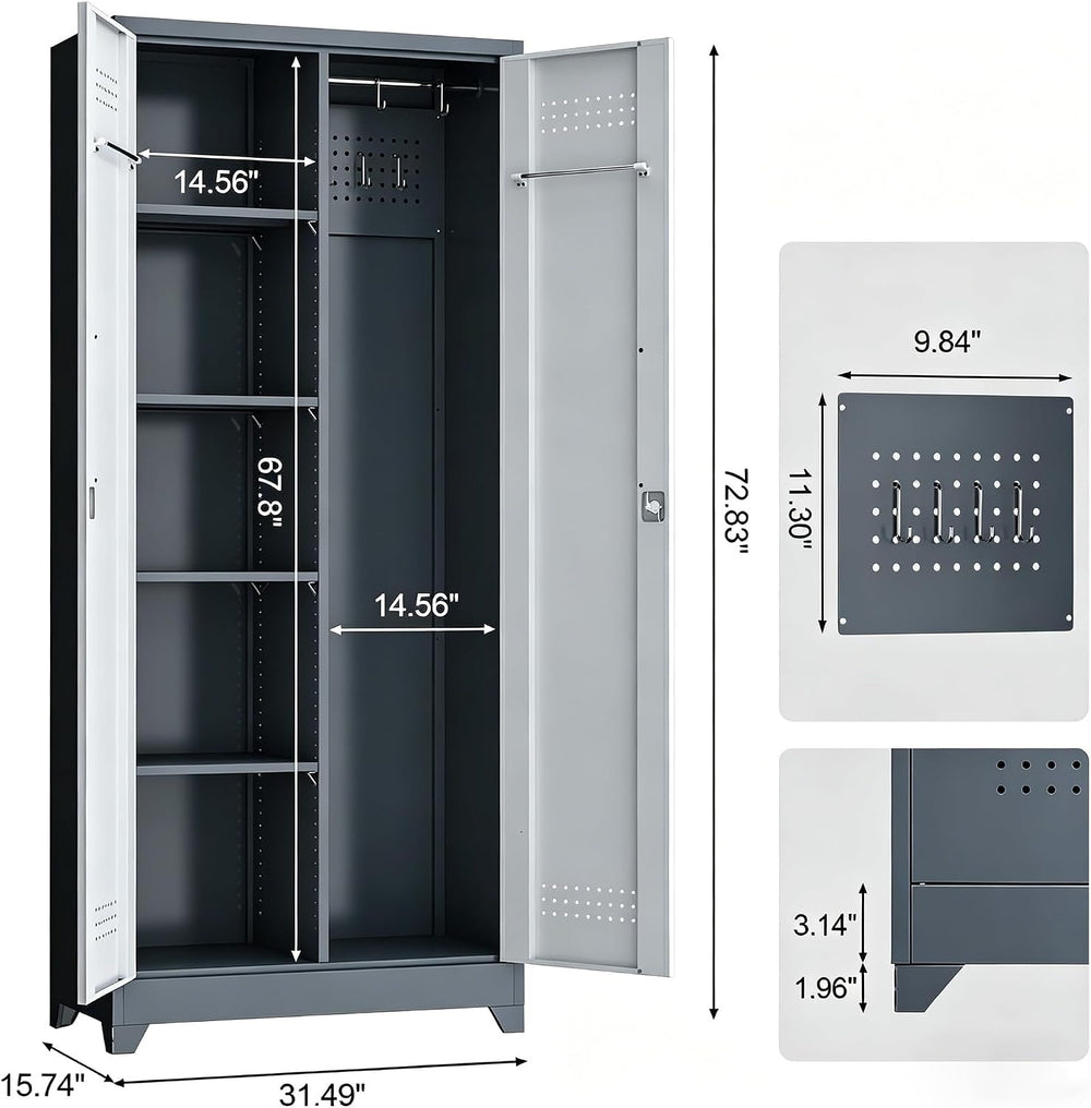 Broom Closet Storage Cabinet, 72" H Metal Garage Storage Cabinet with Lo...
