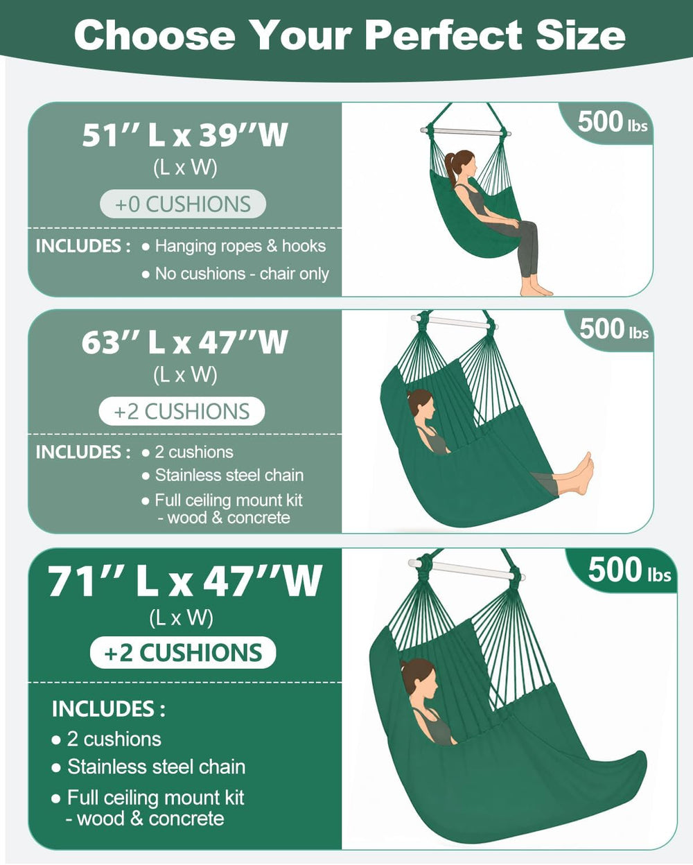 Lulladle 70.9"L XXL Hammock Chair Swing w/2 Cushions & Hardware Kit,...