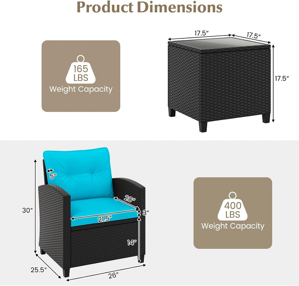Tangkula 3 Piece Patio Furniture, Rattan Conversation Set w/Soft Seat & B...