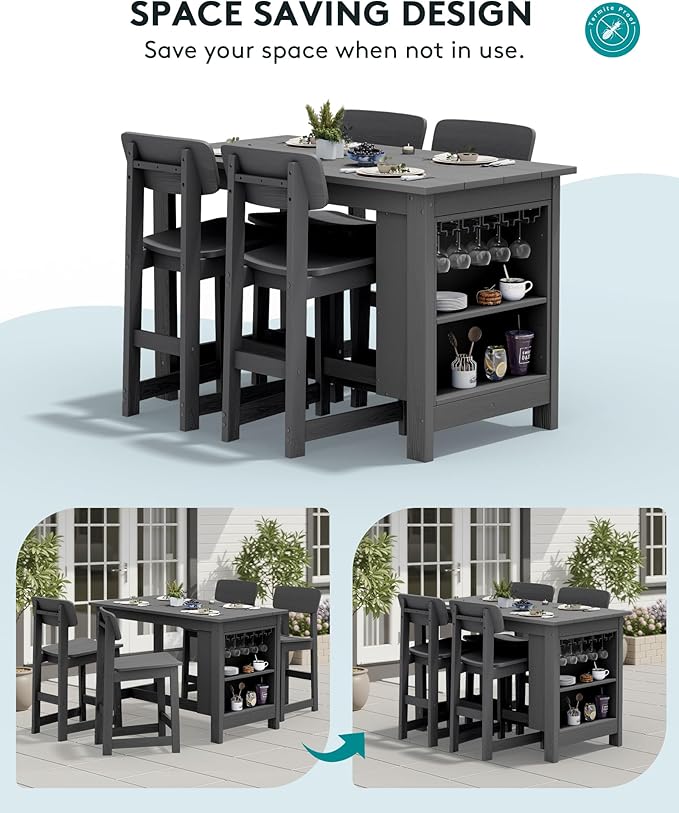 SERWALL 3-Piece Outdoor Counter Height Bar Set, HDPE Patio Bar Table with Win...