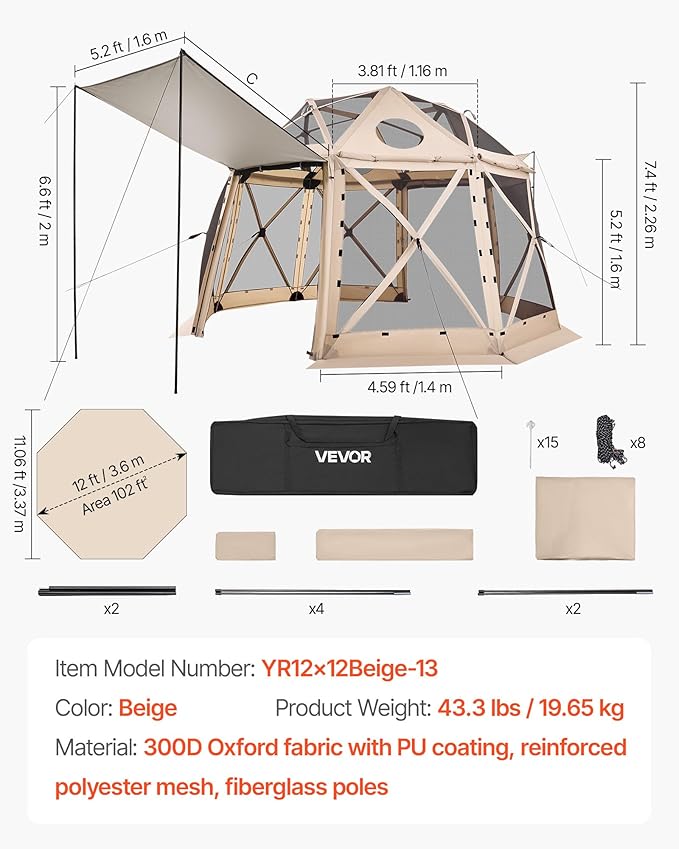 VEVOR Pop up Gazebo Screen Tent, 12 x 12 ft, 13-Sided Spherical Camping Canop...