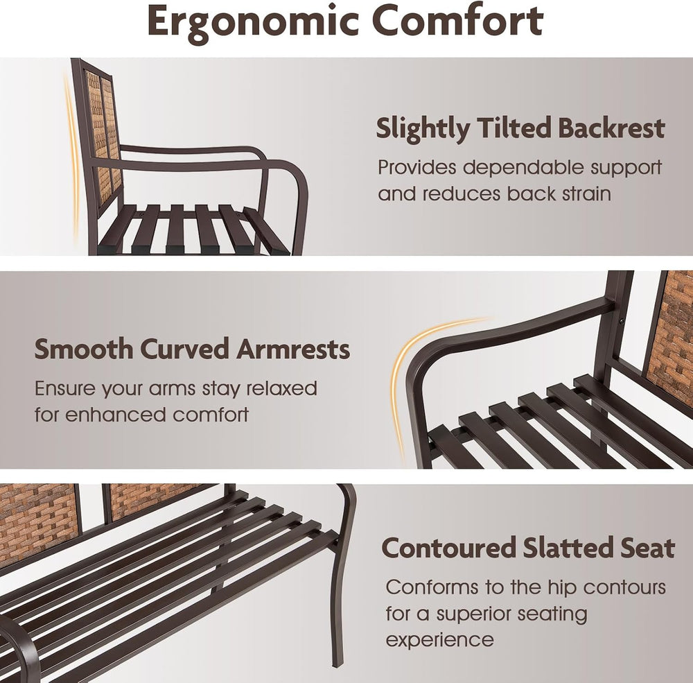 GIANTEX Outdoor Bench with PE Rattan Backrest, Curved Armrests, Slatted Seat ...