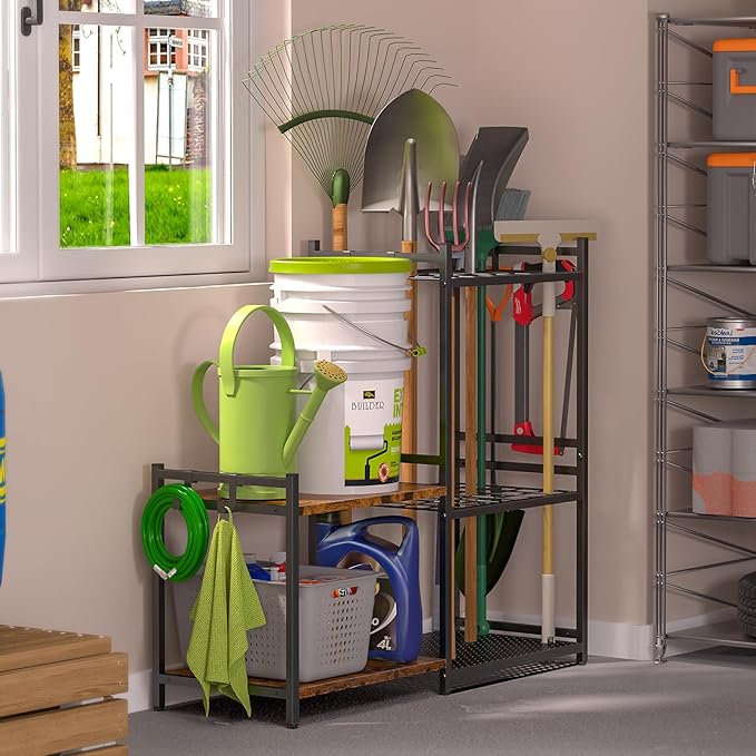 Garage Tool Organizer with 2-tier Wooden Shelves, Yard Tool Organizer for Gar...