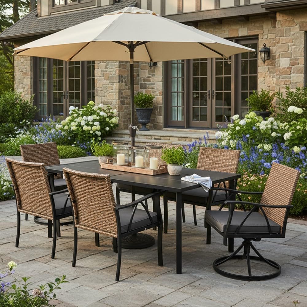 7-Piece Patio Dining Set for 6, Outdoor Dining Set with Wicker Swivel Patio D...