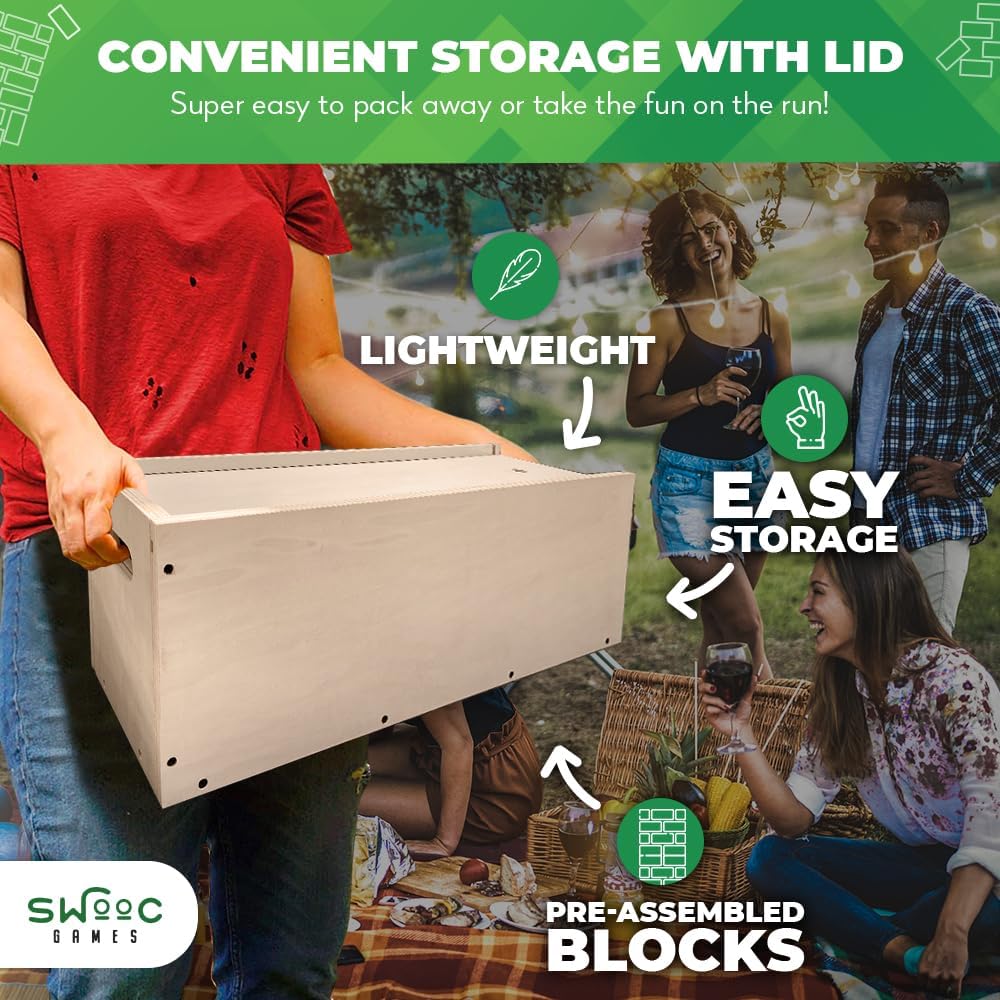 Swooc Games® - Giant Tower Game with 3-in-1 Straightener, Table & Storage...