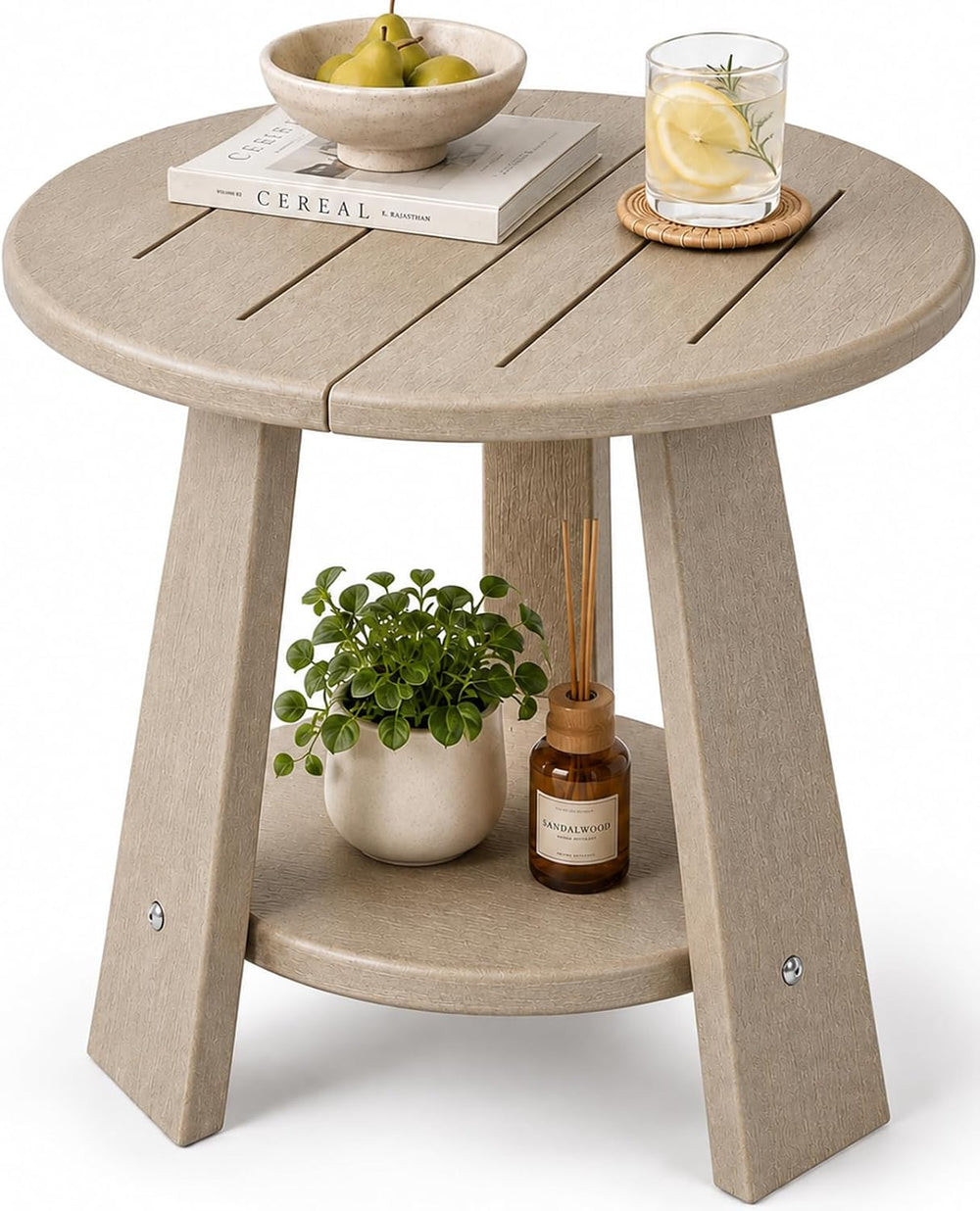 Round Outdoor Side Table, 2-Tier Small HDPE Side Table, Brown
