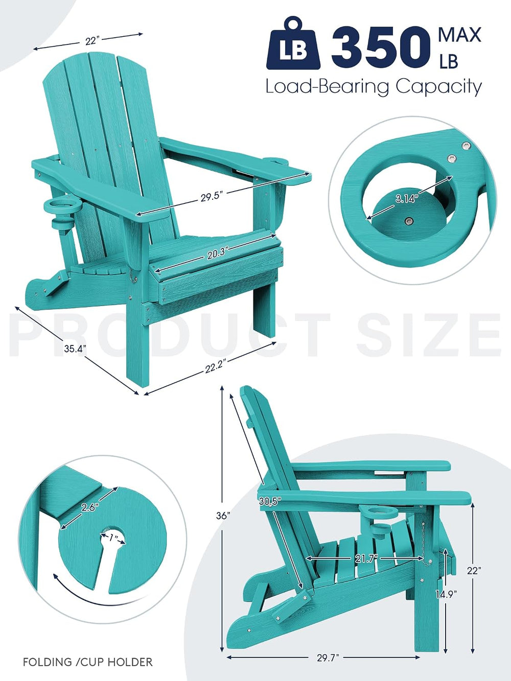 KINGYES Folding Adirondack Chair Set of 2 with 2 Cup Holders, Aruba