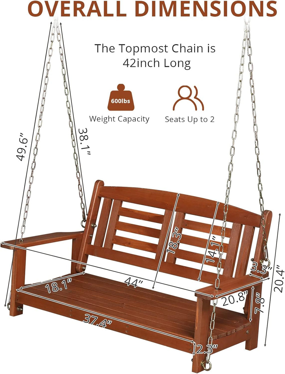 Fir Wood 44in Porch Swing Bench with Chains & Reclined Backrest