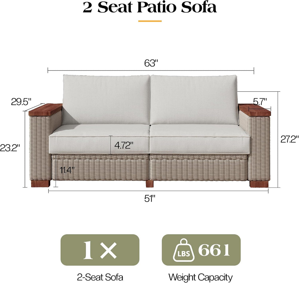 PaPaJet Outdoor Loveseat Patio Sofa, Wicker Couch with Solid Armrests & L...