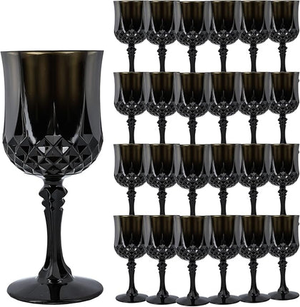 Plastic Wine Glasses，Plastic Goblets Vintage Style Cordial Drinking Glasses for Wedding Reception, Halloween Grand Event Party Supplies (24, Black) (24Pack)