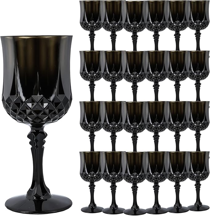 Plastic Wine Glasses，Plastic Goblets Vintage Style Cordial Drinking Glasses for Wedding Reception, Halloween Grand Event Party Supplies (24, Black) (24Pack)