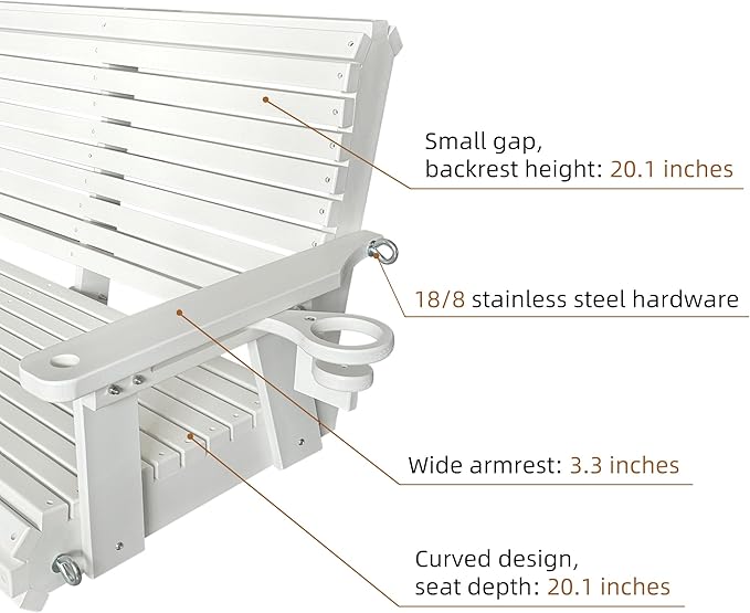HDPE Porch Swing with 18/8 Stainless Steel Bolts, Ergonomic Design, Ultra Wea...