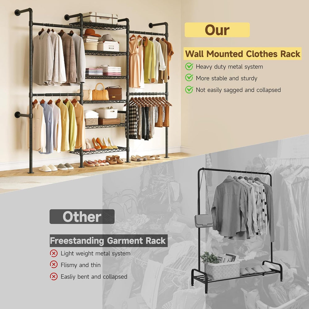 ONBRILL H3 Wall Mounted Closet System, Industrial Pipe Clothing Rack, Black